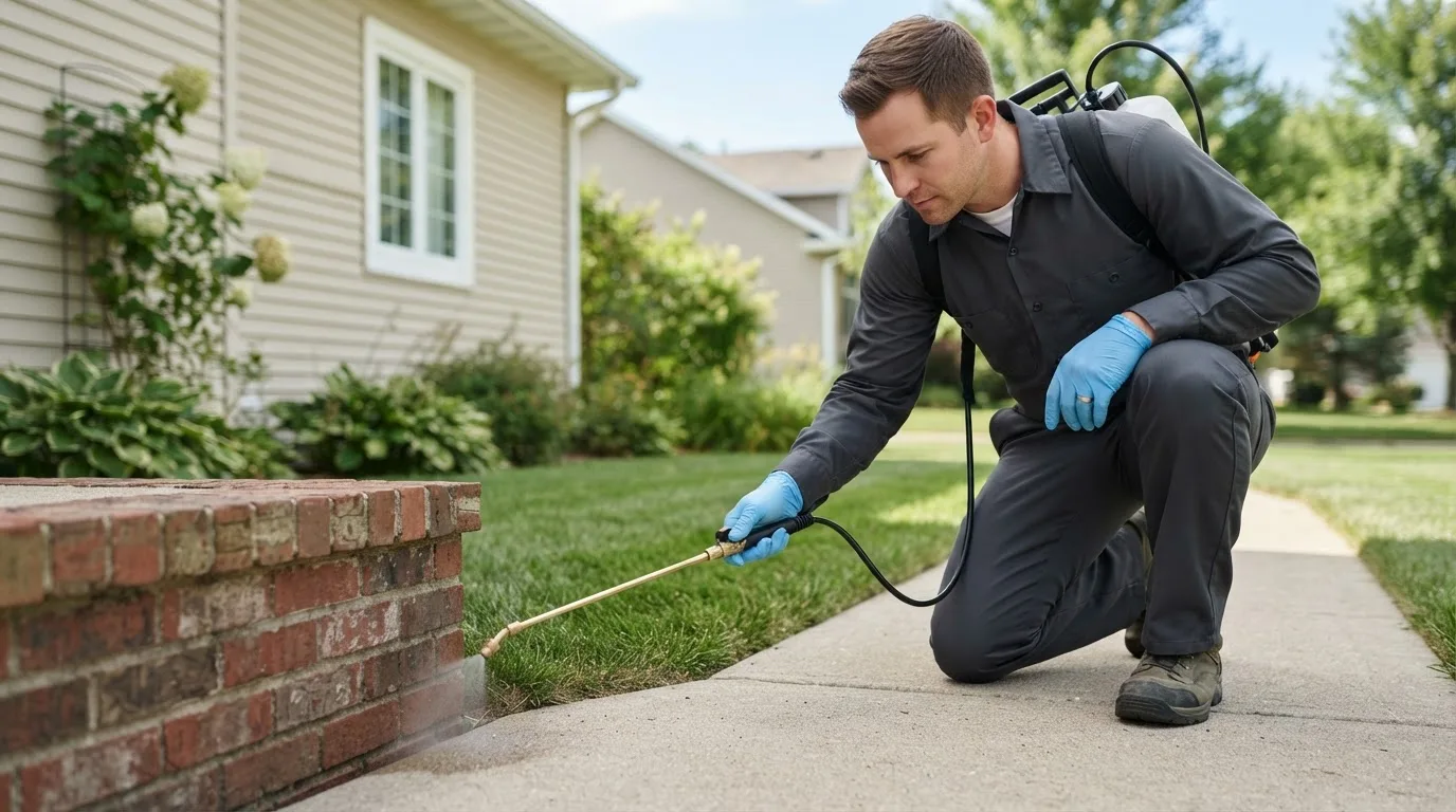 Pest control technician treating a home near Atkinson, NH
