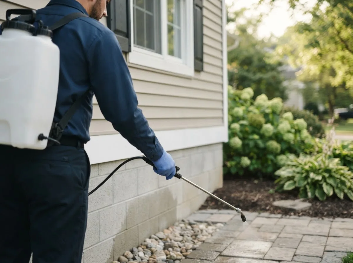 Pest control technician inspecting a home in Atkinson, NH